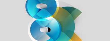 Soyut tasarım, üst üste binen şekiller, mavi tonlar, sarı aksanlar. Modern estetik, temiz hatlar, minimalist kompozisyon. İnce gradyanlar derinlik yaratır.