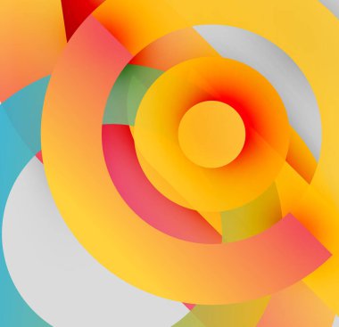 Soyut tasarım özellikleri üst üste binen renkli daireler. Sarı, kırmızı, yeşil, beyaz renkler dinamik görsel efekt yaratır. Modern, canlı kompozisyon.