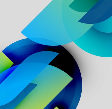 Soyut kompozisyon. Üstüste binen yarı saydam şekiller dinamik görsel efekt yaratır. Mavi, yeşil renkler baskın, akıcılık, derinlik.