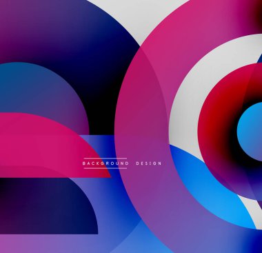 Soyut renkli katmanlar dinamik bileşim yaratır. Canlı gradyanlar, üst üste binen şekiller, modern tasarım elementleri mevcut.