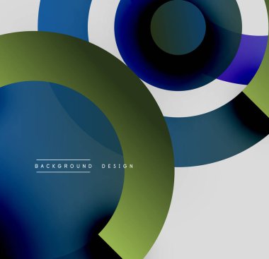 Soyut daireler örtüşüyor, canlı renk eğimleri yaratıyor. Modern tasarım mavi, yeşil, beyaz renklere sahiptir. Minimalist kompozisyon.