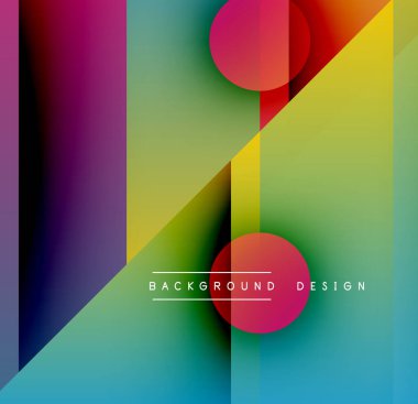 Soyut renkli tasarım geometrik şekiller, gradyanlar, üst üste binen daireler içerir. Modern estetik, canlı renkler dinamik görsel etki yaratır.