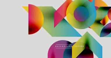 Soyut geometrik şekiller örtüşüyor, canlı renk eğimleri yaratıyor. Modern tasarım elementleri dinamik görsel kompozisyon önerir.