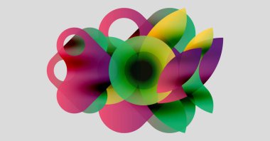 Soyut renkli şekiller örtüşüyor, dinamik çiçekli izler yaratıyor. Canlı gradyanlar hareket, derinlik ve modern tasarım estetiğini akla getiriyor.