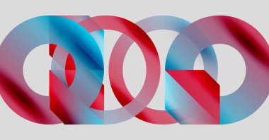 Birbirine kenetlenmiş halkalar, canlı renkler, mavi, kırmızı, şeffaflık. Modern tasarım, soyut şekiller, üst üste binen elementler, temiz estetik..