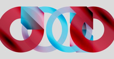 Soyut tasarım özellikleri üst üste binen dairesel şekiller. Kırmızı, mavi renkler dinamik görsel efekt yaratır. Minimalist kompozisyon, modern estetik.