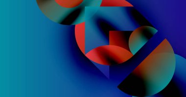 Soyut kompozisyon. Sıvı şekiller harmanlanır, dinamik görsel deneyim yaratır. Mavi, kırmızı, siyah renkler egemen. Modern tasarım.