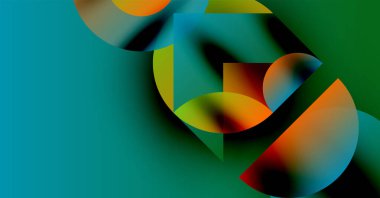 Üst üste binen renkli şekiller içeren soyut bir kompozisyon. Gradyan renkler harmanlanarak, dinamik görsel efekt yaratır. Modern tasarım elemanları.