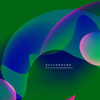 Soyut sıvı şekilleri örtüşür ve canlı renk değişimleri yaratır. Yeşil, arka plana hükmediyor. Maviler, pembeler, morlar tarafından vurgulanıyor. Modern tasarım ögesi.