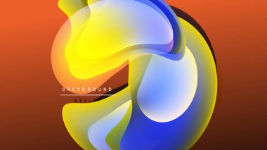 Soyut sıvı şekiller harmanlanarak canlı renk değişimleri yaratır. Karanlık arka plana karşı dinamik kompozisyon. Modern tasarım ögesi.