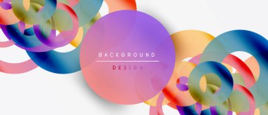 Soyut renkli daireler beyaz uzayla örtüşüyor. Modern tasarım elementleri canlı görsel doku yaratır. Arkaplan eğimli renkler içerir.