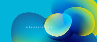 Soyut sıvı şekilleri örtüşür, parlak mavi ve sarı renkler yaratır. Modern tasarım enerjiyi, hareketi, görsel cazibeyi çağrıştırıyor.