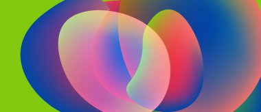 Soyut renkli çakışan daireler. Canlı renkler karışıyor, yumuşak gradyanlar yaratıyor. Limon yeşili zıtlık sağlar. Modern tasarım.