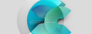 Soyut tasarım özellikleri üst üste binen daireler, turkuaz, yeşil renkler. Metin elemanları ile modern arkaplan, basit kompozisyon.