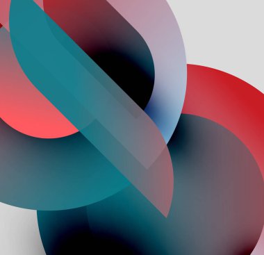 Soyut şekiller örtüşür, canlı renk karışımları yaratır. Kırmızı, deniz mavisi, gri, beyaz baskın kompozisyon. Yumuşak gradyanlar biçimleri tanımlar.