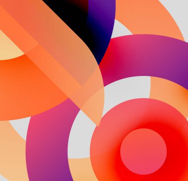 Soyut kompozisyon. Üst üste binen daireler canlı renk değişimleri yaratır. Mor aksanlı, sıcak tonlarda baskın. Modern tasarım.