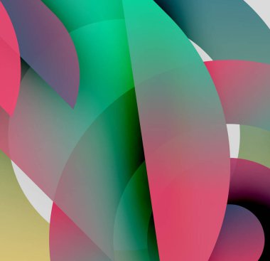 Soyut şekiller örtüşür, canlı renk karışımları yaratır. Yumuşak eğimler baskın bileşim, sıvı hareketini çağrıştırır.