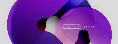 Soyut mor katmanlar dinamik akış yaratır. Modern tasarım, gradyanlar, şekiller, metin elementleri içerir. Minimalist estetik, canlı renkler.