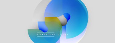 Soyut tasarım özellikleri üst üste binen daireler, gradyanlar. Mavi, sarı renkler tarafsız arkaplana hakim. Metin arkaplan tasarımı okur.