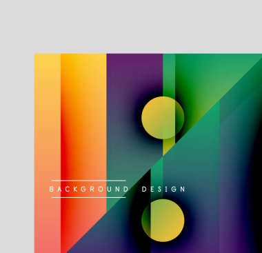 Soyut geometrik tasarım. Canlı renkler harmanlanarak, dinamik görsel efekt yaratır. Çemberler açılı şekillerle örtüşüyor. Modern arkaplan dokusu.