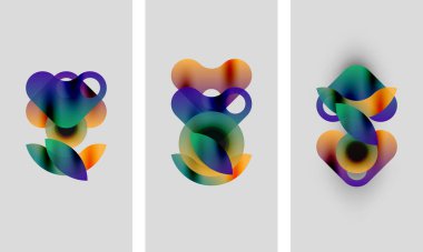 Soyut şekiller, canlı renkler, üç panel. Sıvı formları üst üste biniyor, dinamik görsel etki yaratıyor. Yumuşak eğimler, modern tasarım.