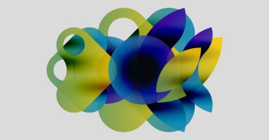 Soyut kompozisyon özellikleri üst üste binen yarı şeffaf daireler. Renkler arasında mavi, sarı, yeşil, mor dinamik görsel efekt.