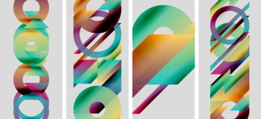 Soyut geometrik bileşim. Dört panel üst üste binen renkli daireler, çizgiler, şekiller gösteriyor. Modern tasarım, canlı gradyanlar.