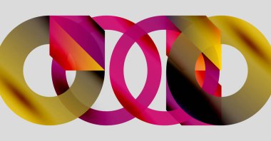 Birbirine kenetlenmiş renkli halkalar soyut tasarım yaratır. Gradyan gölgeler harmanlanır, dinamik görsel kompozisyon oluşturur. Modern, gösterişli estetik..