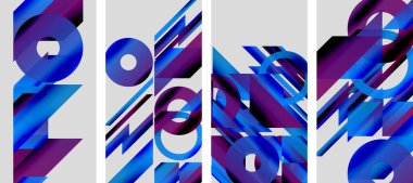 Soyut sanat eserleri. Mavi, mor renkler dinamik şekiller oluşturur. Geometrik elementlere sahip modern tasarım, canlı renkler, parlak sunum.