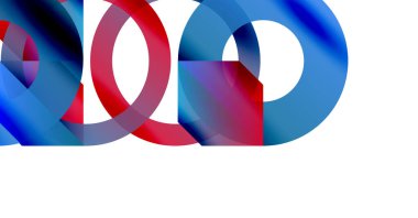 Üst üste binen renkli daireler içeren soyut bir kompozisyon. Kırmızı, mavi renkler dinamik görsel efekt yaratır. Minimalist tasarım, modern estetik.