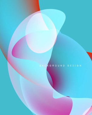 Soyut sıvı şekiller harmanlanır, canlı turkuaz, pembe, turuncu renkler yaratır. Yumuşak eğimler hareketi, modern tasarım estetiği önerir.