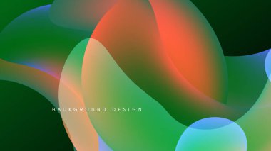 Soyut sıvı şekilleri örtüşür, canlı renk karışımları yaratır. Yeşil, turuncu, mavi renkler koyu arkaplana hakim. Modern tasarım ögesi.