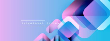 Soyut arkaplan özellikleri üst üste binen kareler, gradyanlar. Mor, mavi renkler modern görsel efektler yaratır. Metin arkaplan tasarımı okur.