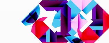 Soyut geometrik şekiller örtüşür, canlı renk zıtlıkları yaratır. Kırmızı, mavi, mor baskın kompozisyon. Modern tasarım elemanları.