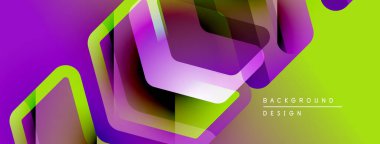 Soyut geometrik şekiller örtüşüyor, canlı mor ve yeşil renkler yaratıyor. Modern tasarım dijital sanat, arkaplan dokusu öneriyor.