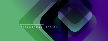 Soyut gradyanlar, üst üste binen kareler, modern tasarım elementleri. Metin arka plan tasarımı okur. Canlı renkler dinamik görsel efekt yaratır.