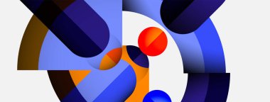 Üst üste binen kıvrımlı şekiller içeren soyut bileşim. Mavi, turuncu, kırmızı renkler beyaz arkaplana hakim. Modern tasarım, geometrik biçimler mevcut.