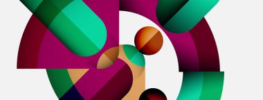 Üst üste binen renkli şekiller içeren soyut bir kompozisyon. Kıvrımlar, daireler, bölümler dinamik görsel efekt yaratır. Modern tasarım, canlı renkler.