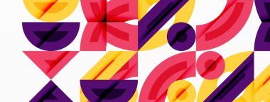 Soyut geometrik desen. Kalın renkler dinamik görsel ritim yaratır. Şekiller örtüşür, oyuncu kompozisyon oluşturur.