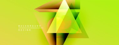Soyut geometrik tasarım üst üste binen üçgenler. Gradyan renkler dinamik görsel efekt yaratır. Parlak sarı kompozisyona hükmediyor.