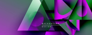 Soyut geometrik şekiller, mor ve yeşil renkleri harmanlarlar. Modern tasarım üst üste binen katmanlar, gradyanlar, dinamik bileşim.