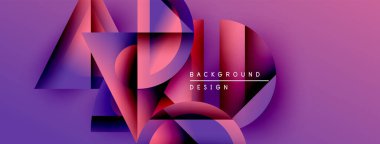 Soyut geometrik şekiller, canlı mor renkler, katmanlı tasarım. Metin elemanları ve dinamik bileşimi olan modern arkaplan.