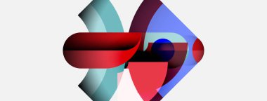 Soyut şekiller örtüşür, dinamik bileşim yaratır. Kırmızı, mavi, deniz mavisi renkleri beyaz arkaplana hükmediyor. Modern tasarım elemanları.