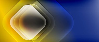 Soyut kompozisyon. Sarı, mavi gradyanlar katmanlı kareler oluşturur. Yumuşak parıltı, bulanık kenarlar modern görsel efektler yaratır. Minimalist tasarım.