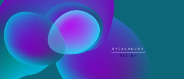 Soyut, enerjik bir arkaplan. Üst üste binen daireler sıvı şekiller oluşturur, eğimler mordan maviye dönüşür. Modern tasarım ögesi.