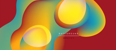 Soyut sıvı şekiller, canlı renklerin karışımı. Kırmızı arka planda baskın, sarı daireler öne çıkıyor. Modern tasarım ögesi.