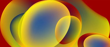 Soyut renkli çakışan daireler. Renkler karışıyor ve canlı bir görsel etki yaratıyor. Kırmızı arkaplan parlak şekillere zıt.