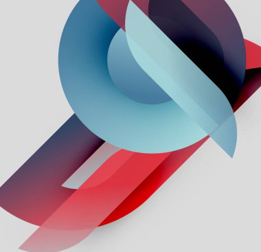 Üst üste binen yarı saydam daireler, dikdörtgenler içeren soyut bir kompozisyon. Kırmızı, mavi renkler nötr arkaplana hakim. Modern tasarım elemanları.