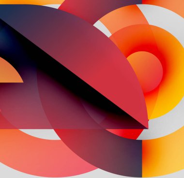 Soyut kompozisyon. Üst üste binen şekiller dinamik görsel efekt yaratır. Sıcak, serin renkler karışıyor, karmaşık desenler oluşturuyor. Modern tasarım.