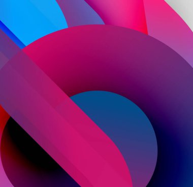 Soyut kompozisyon. Üst üste binen daireler, canlı renkler, pürüzsüz eğimler dinamik görsel efekt yaratır. Modern tasarım.